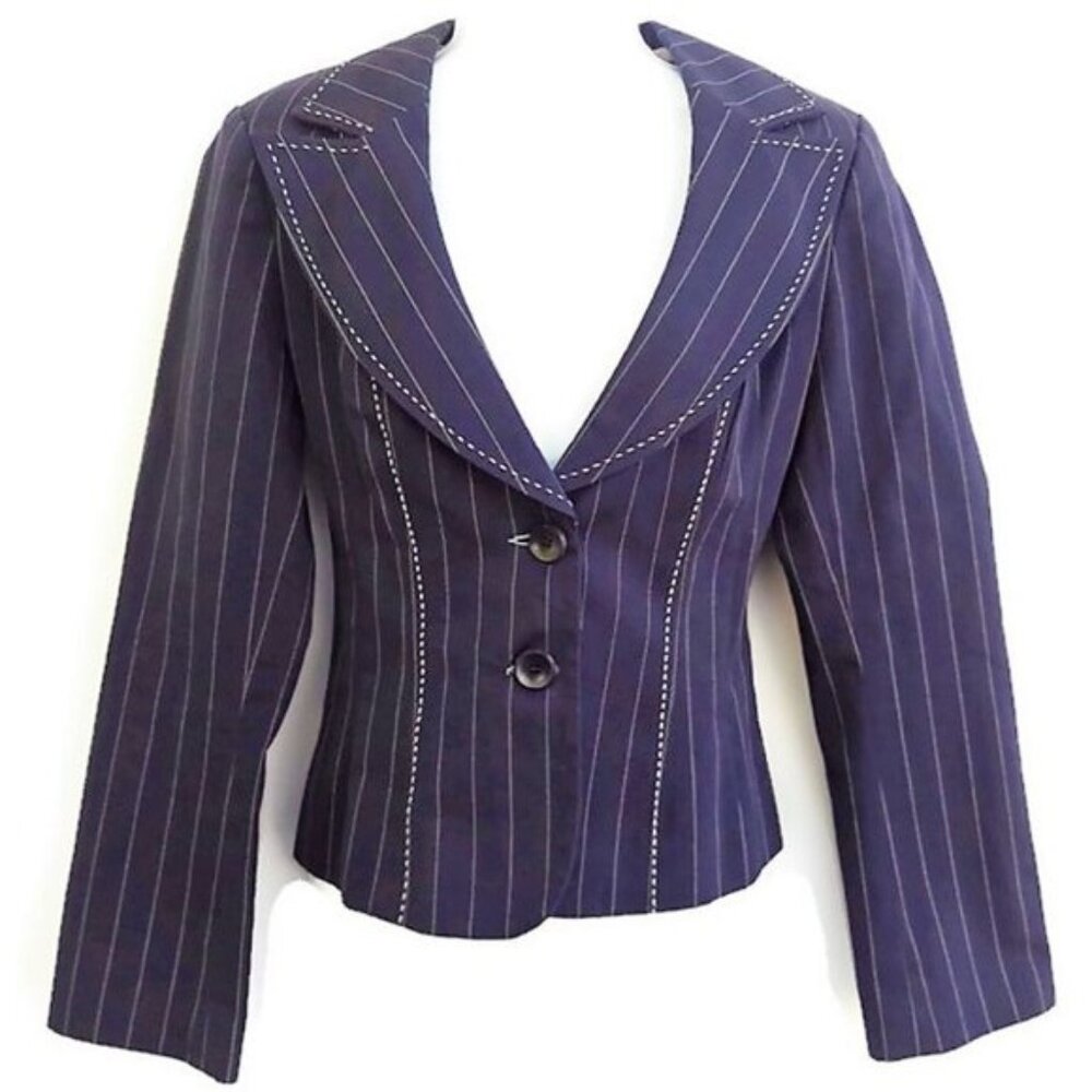 Nanette Lepore USA Blue Cotton Blazer Coat Pin Stripe Fitted White Top Stitching